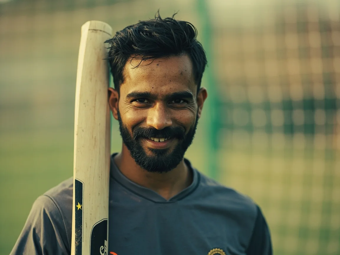 Editorial portrait of a male cricketer in training kit holding a bat.