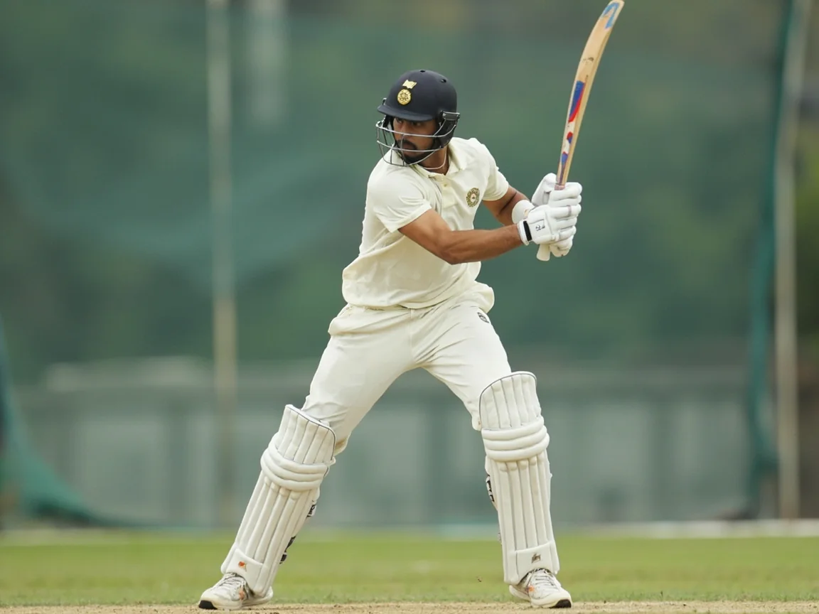 Wide batting cover-drive shot at the crease during a match session.