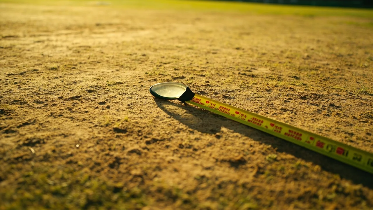 Ground-level photograph of a cricket pitch with surface markings and traffic patterns.