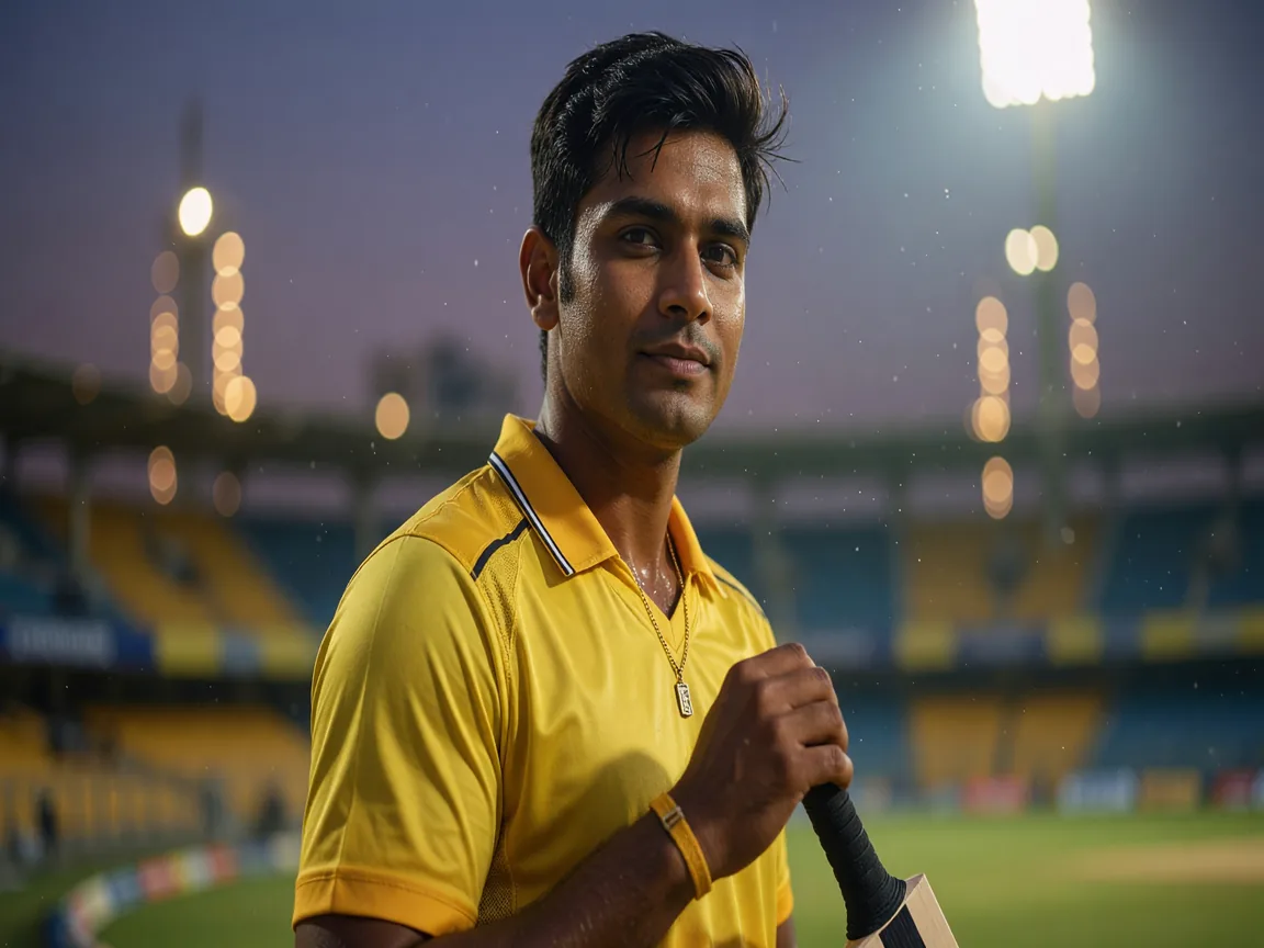 Editorial portrait of a Chennai Super Kings cricketer in training kit.