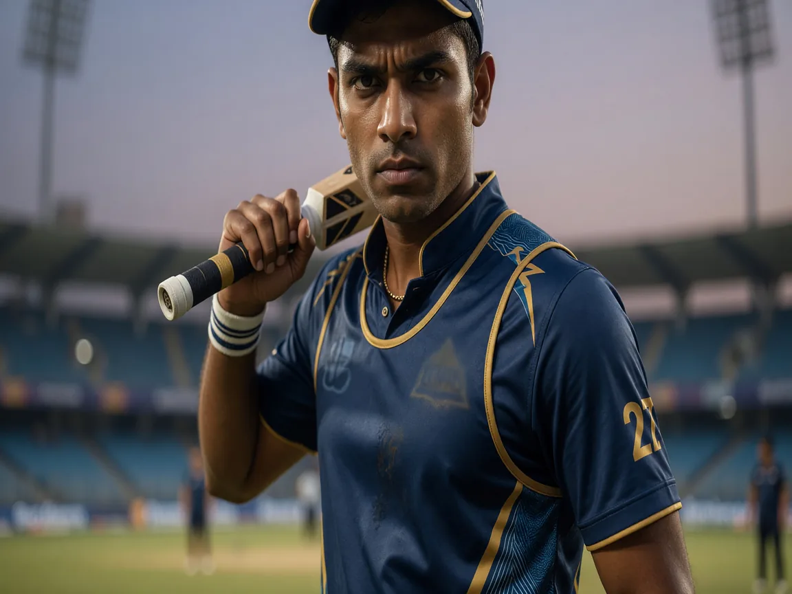 Editorial portrait of a Gujarat Titans cricketer in training kit.