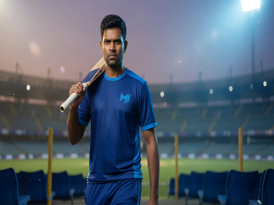 Editorial portrait of a Mumbai Indians cricketer in training kit.
