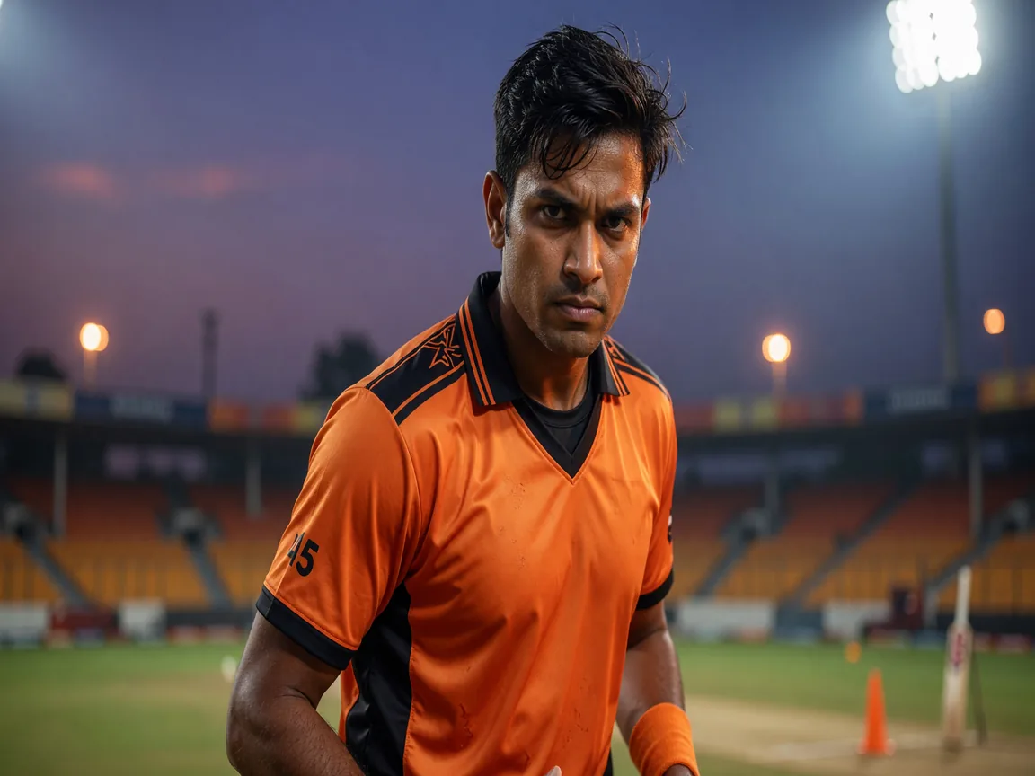 Editorial portrait of a Sunrisers Hyderabad cricketer in training kit.