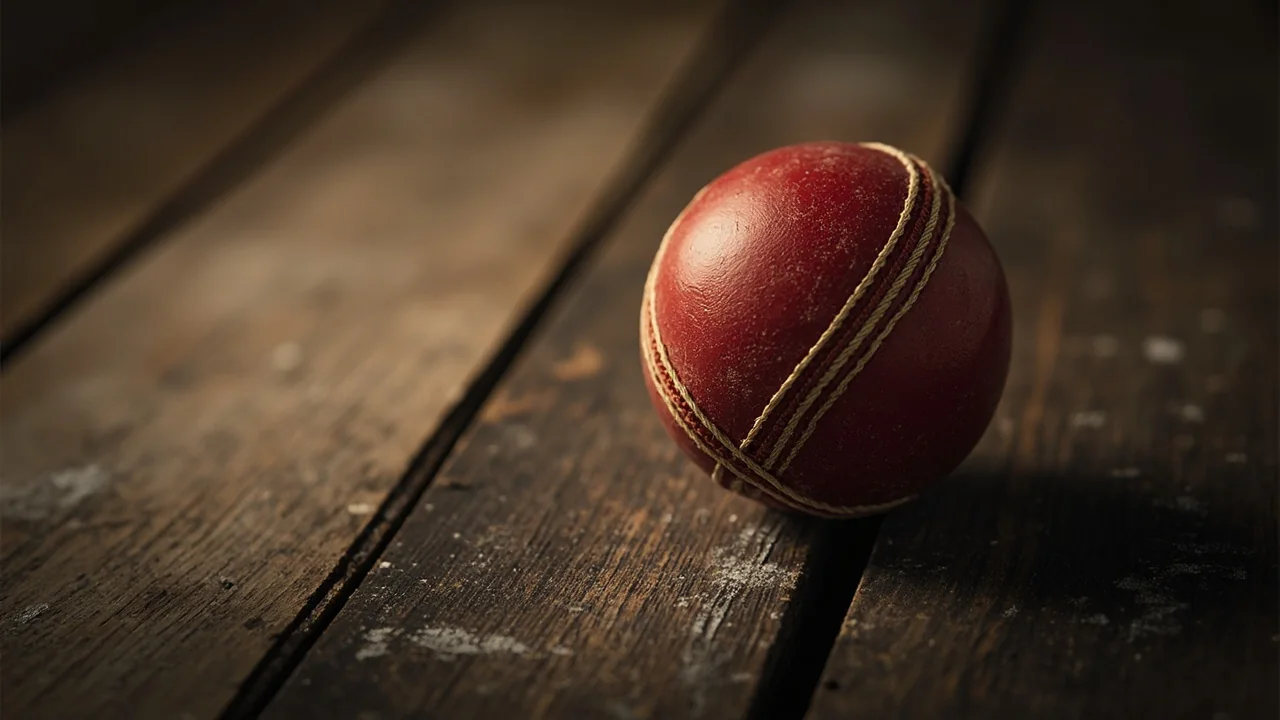 Leather cricket ball close-up detail.