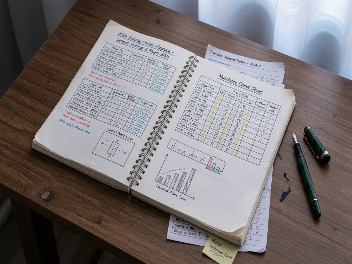A fantasy cricket playbook notebook laid open on a wooden desk beside a fountain pen.