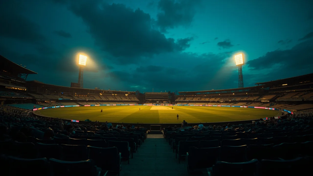 Stadium floodlights during an evening powerplay session.