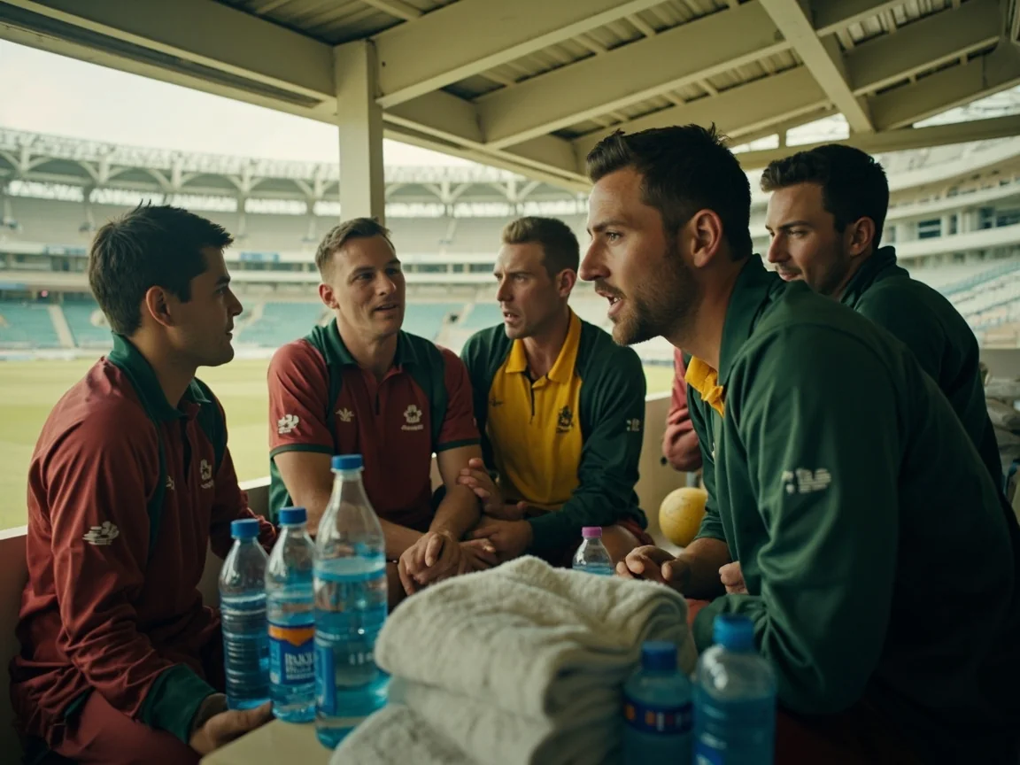 Team huddle in the dugout during a tactical break.