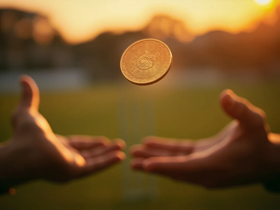 Toss coin captured mid-air during a pre-match moment.