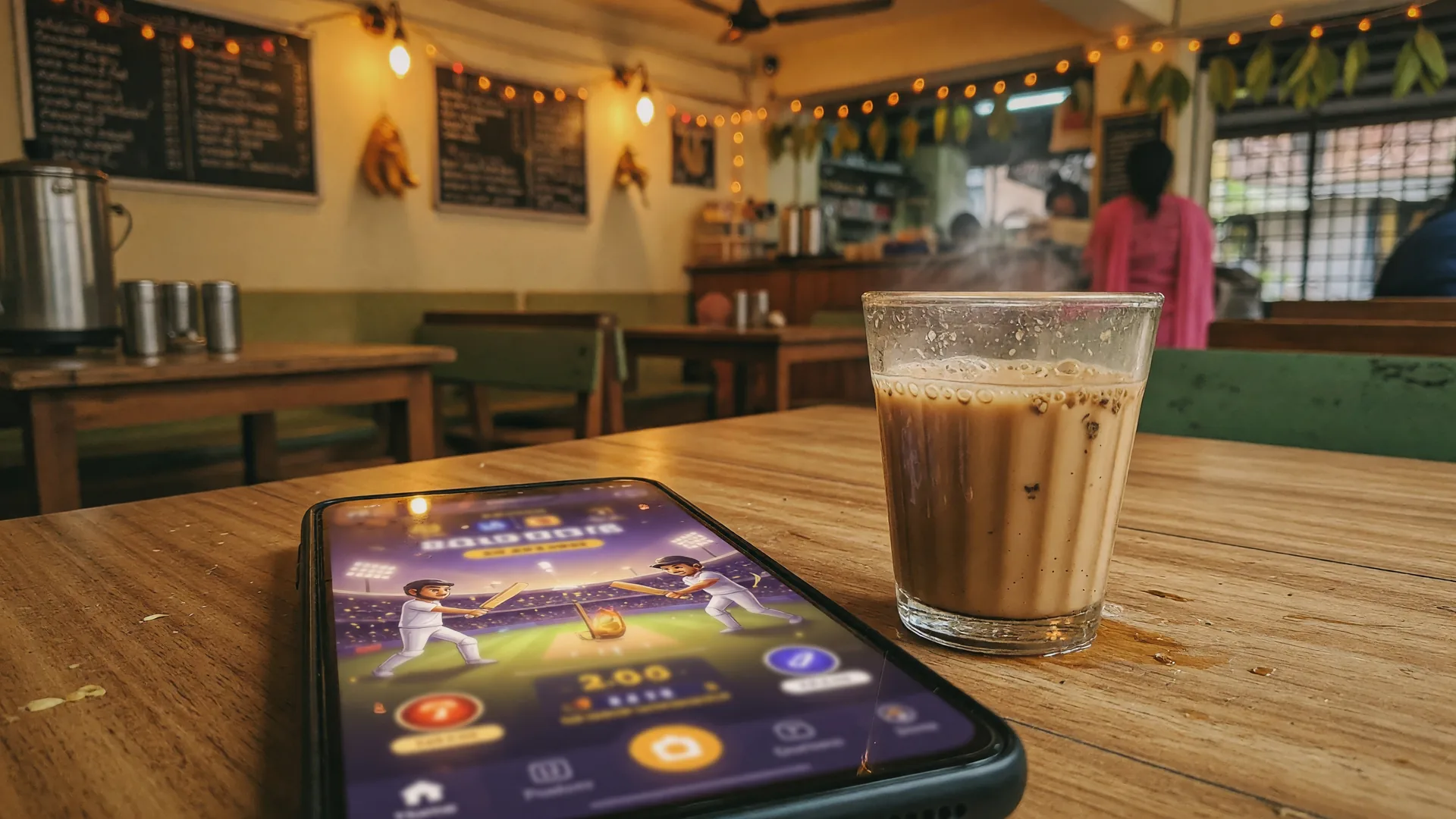 Wecap application interface resting next to a chai glass on a wooden cafe table.