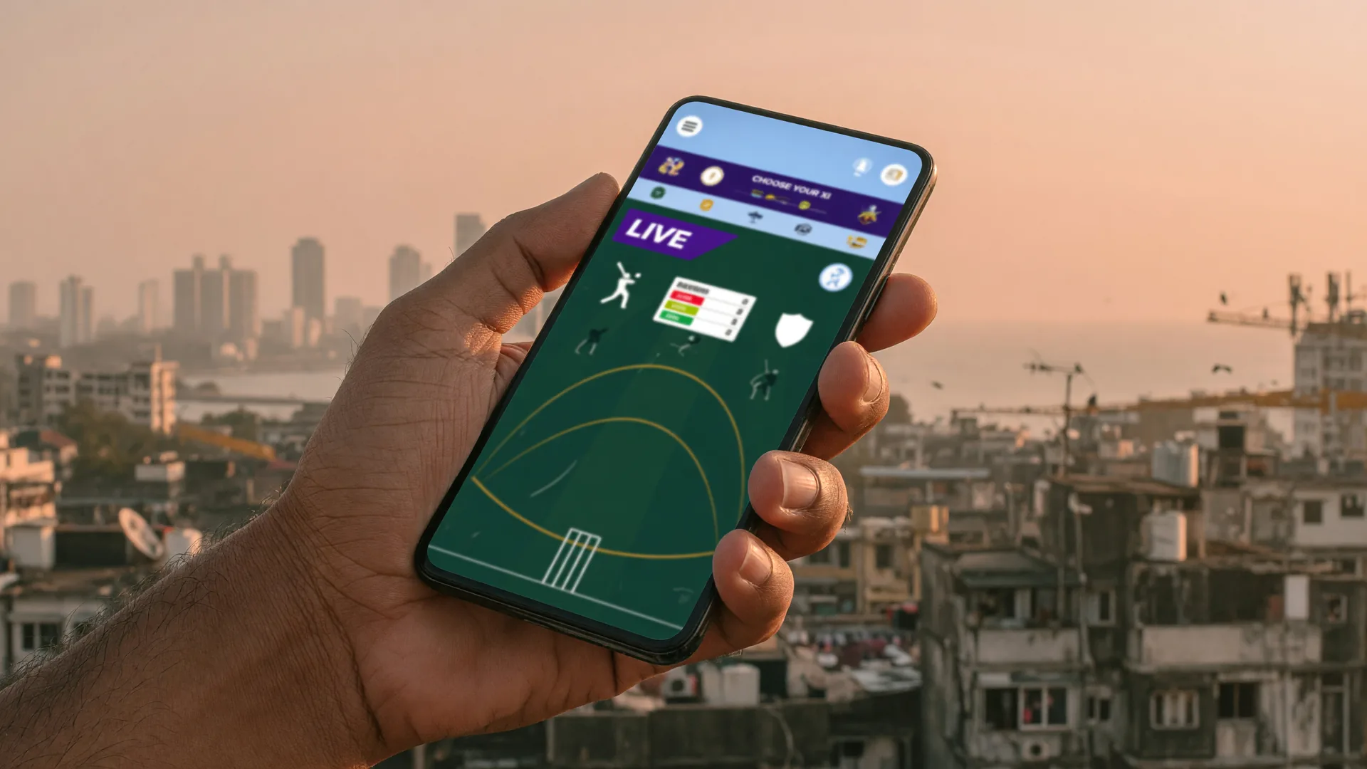 Indian user holding a smartphone showing the Wecap fantasy cricket app.