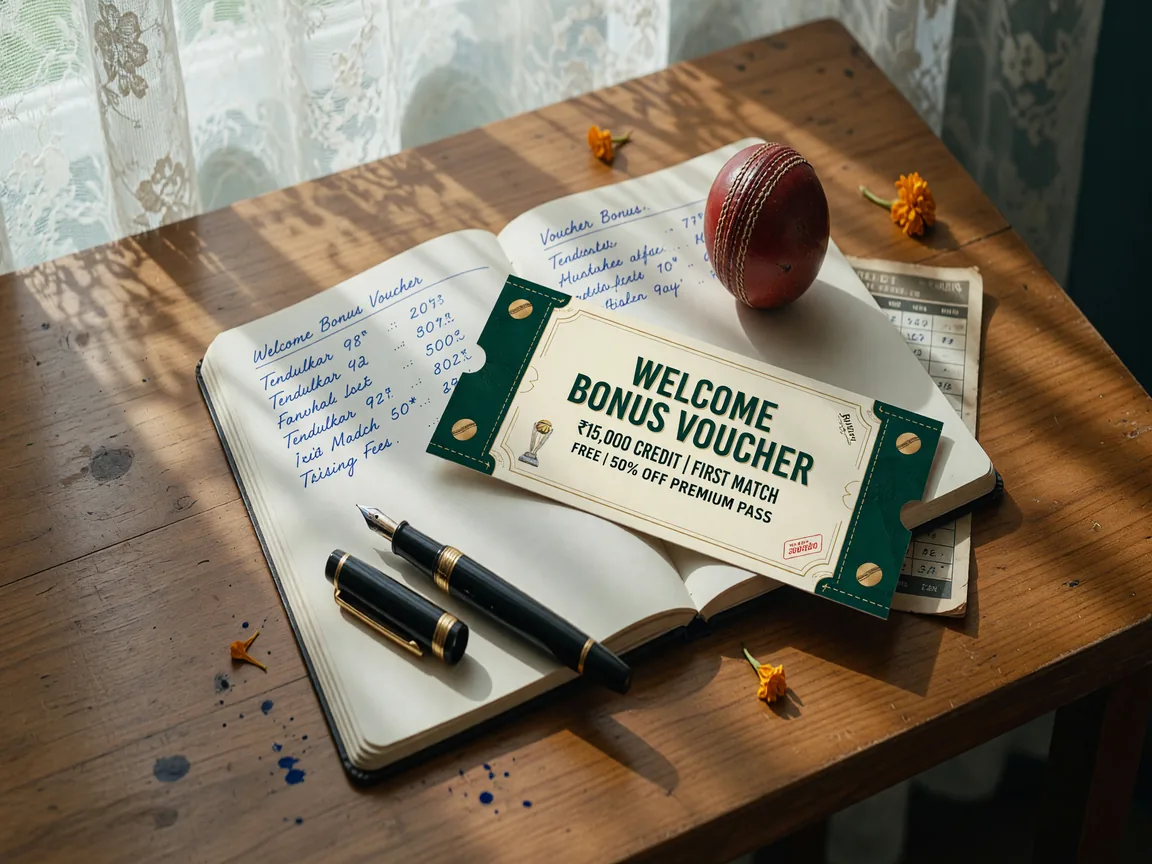 A welcome bonus voucher card lying on a notebook with a cricket ball and a fountain pen.